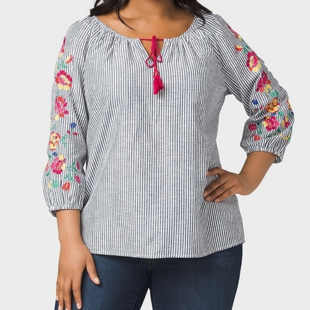Dress Barn Embroidered Floral Striped Blouse XL
